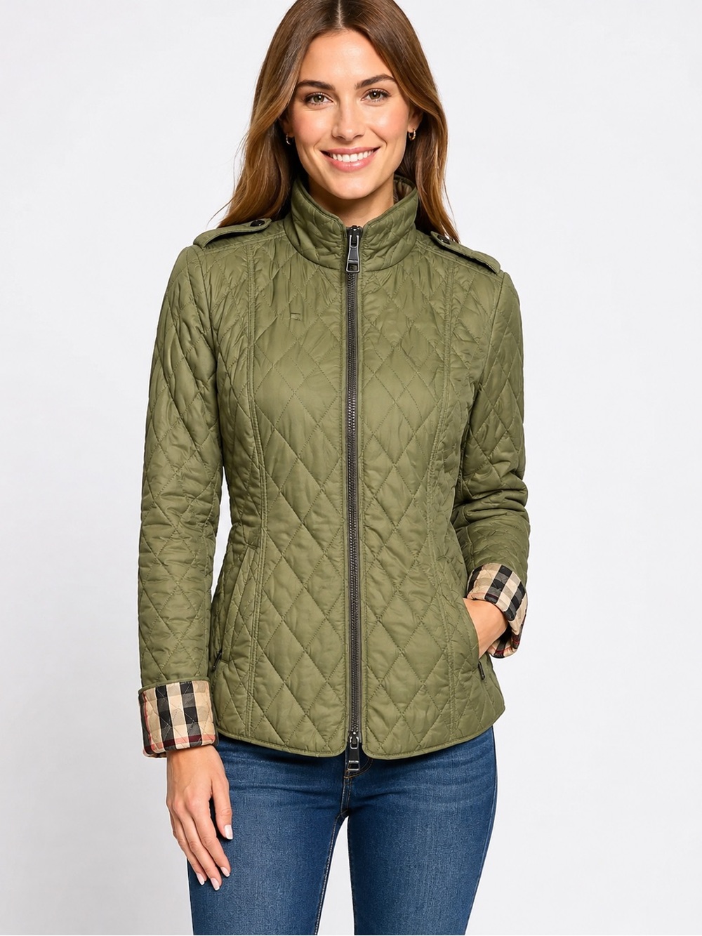 Burberry Brit Olive Green Quilted Jacket Nova Check Lining Women’s Size S